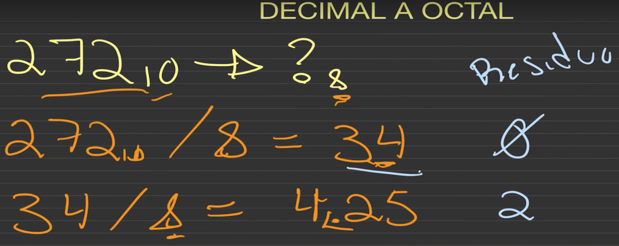 convertir decimal a octal paso a paso